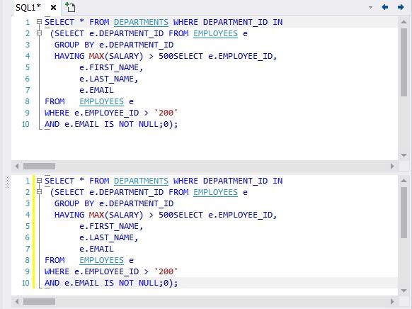 SQLGate for MariaDB Developer User Guide 43 4. SQL 편집기창이가로로두개보입니다. 원래위치로가져가면창이하나로보입니다. [SQL 편집기창두개로보기 ].