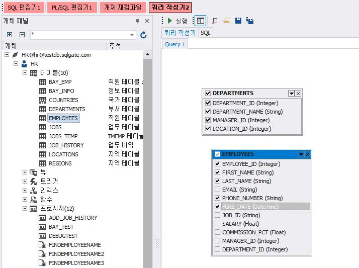 SQLGate for MariaDB Developer User Guide 81 쿼리작성기에서쿼리작성하기쿼리작성기테이블추가및제거하기쿼리작성기를이용하여테이블추가및제거하는방법을설명합니다. 2. 주메뉴파일 > 새로만들기 > 쿼리작성기를선택합니다. 또는새로만들기도구모음에서쿼리작성기를클릭합니다.. 3.