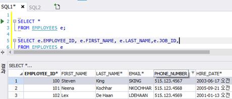 SQLGate for MariaDB Developer User Guide 95 열이름을편집기에추가하기데이터그리드에서열이름을편집기에추가하는방법을설명합니다. 2. 주메뉴파일 > 새로만들기 >SQL 편집기를실행합니다.