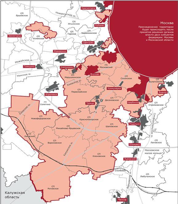 되었다. 4 그림 2. 모스크바시확장후지도 ( 붉은색 : 기졲모스크바시영역, 분홍색 : 모스크바시에새로편입된 지역, 좌측하단회색 : 칼루가주 ) 5 4 http://www.