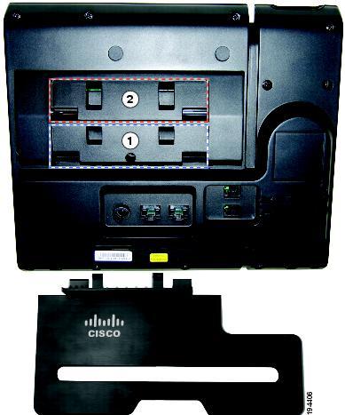 받침대 Cisco Unified IP Phone 의기능 1 더높은보기각도에해당하는받침대슬롯입니다. 2 더낮은보기각도에해당하는받침대슬롯입니다.