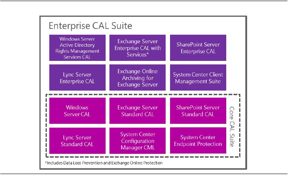 아래그림은 2013년 4월을기준으로 Core CAL Suite와 Enterprise CAL Suite의구성요소를시각적으로나타낸것입니다. 필수서버소프트웨어라이선스가 CAL Suite에포함되지않은이유는별도로구매해야하기때문입니다.