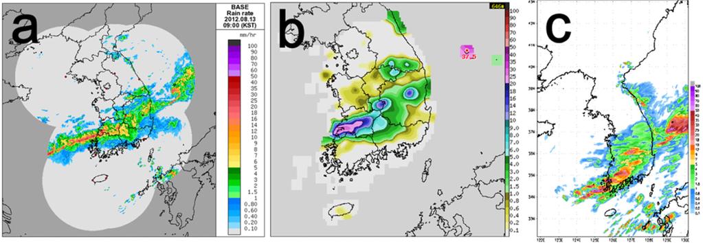 김세현 김현미 계준경 이승우 77 Fig. 10. FSS of ensemble mean with respect to neighborhood size for (a) 1 mm and (b) 4 mm threshold for a rainfall event at 0000 UTC Aug. 01. 강한영역이더넓게나타나는것을확인할수있다 (e.g., Fig.