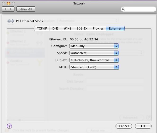클라이언트소프트웨어설치 4. 이더넷탭 (Mac OS 에따라하드웨어탭일경우도있음 ) 을클릭합니다. 5. 다음설정을선택합니다. Myricom 10Gb 네트워크설정 옵션구성속도듀플랙스 설정수동자동선택풀 - 듀플랙스, 흐름제어 MTU 표준 (1500) 6. 확인을클릭합니다. Myricom 어댑터설정을변경한후클라이언트시스템을재시작합니다.