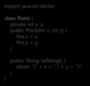 Point 클래스의객체들만저장하는벡터만들기 import java.util.vector; class Point { private int x, y; public Point(int x, int y) { this.x = x; this.