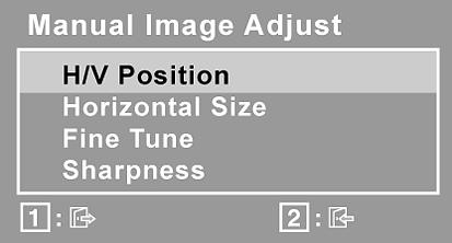 제어 설명 Manual Image Adjust ( 이미지조정 ) H. /V. Position ( 수평 / 수직위치 ) 화면이미지의수평과수직위치를조정합니다. H. size ( 수평크기 ) 화면이미지의너비를조정합니다.