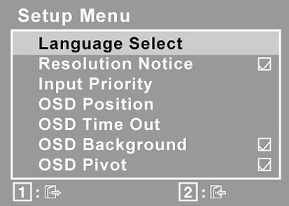 Setup Menu ( 설정메뉴 ) 아래에보이는메뉴를나타냅니다. Language Select ( 언어선택 ) 메뉴와제어화면에사용되는언어를선택할수있습니다.