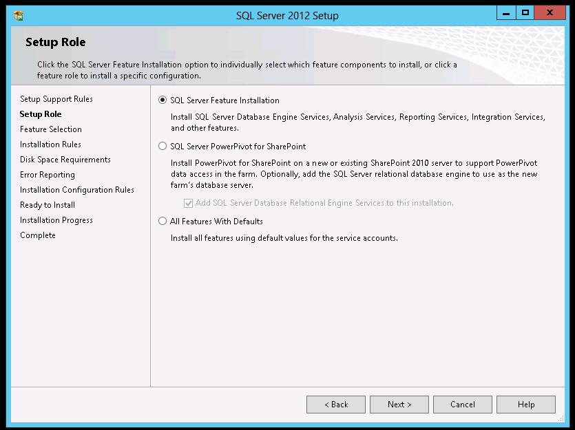 4 장 : 솔루션구축 5. Setup Role 대화상자에서 SQL Server Feature Installation( 그림 14 참조 ) 을선택하고 Next 를클릭하여 Feature Selection 대화상자로계속진행합니다. 그림 14. 설치마법사의 SQL Server 2012 설치역할 6.