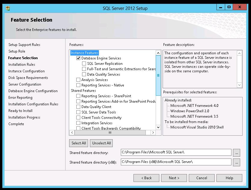 4 장 : 솔루션구축 그림 15. 설치마법사의 SQL Server 2012 기능선택 7.