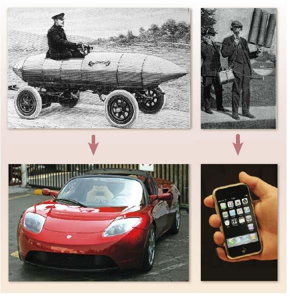 Portable Electricity Figure 1 Revisiting the past. In 1899 a Belgian car, La jamais contente (top left), equipped with lead acid batteries, reached a speed of 30 metres per second.