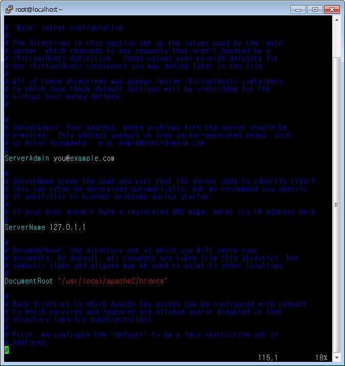 DocumentRoot : 클라이언트에서 ServerName 으로접속했을때보여지는페이지가저 장된디렉토리를지정.
