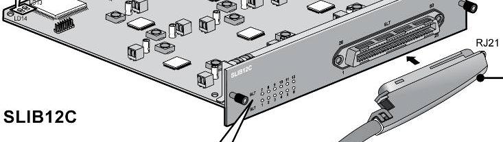 SLIB24C는최대 4장까지설치가능 Type Number Connector TIP/RING RJ21 LED LD1 ~ LD12 는 3 가지색상으로 ON ( 앞포트사용시 Blue, 뒤포트사용시 Yellow, 동시사용시 Blush White) Pin Pair Pin Port No 1, 26 1 1, 26 VT-1, VR-1 SLT1 2, 27 2 2, 27