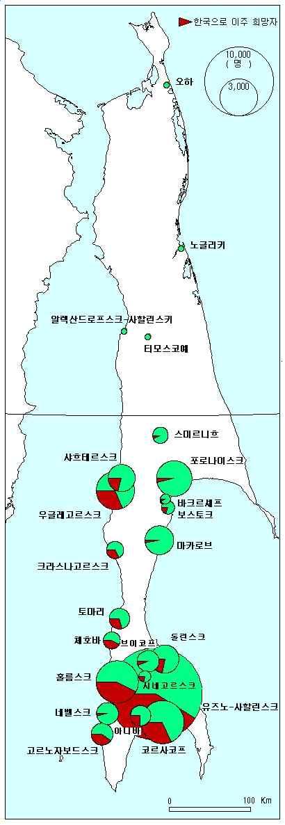 2013 국제학술회의 [ 그림 5] 사할린한인의공간적분포 (1997년) ( 자료 : 사할린한인회, 사할린노인회의지역별취합자료,