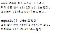 public class Equ { public static void main(string[] args) { String str1 = " 자바 " ; String str2 = " 자바 " ; String str3 = new String(" 자바 ") ; String str4 = new String(" 자바 ") ; System.out.