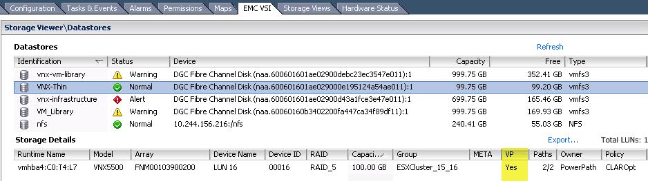 4. 데이터저장소목록에서데이터저장소를선택합니다. Storage Details 창에는선택한데이터저장소의기반이되는 NFS 내보내기또는스토리지디바이스가표시됩니다. 참고 : Storage Details 창에서강조표시된 VP 열의값이 Yes 이면 LUN 에씬프로비저닝이설정된것입니다.
