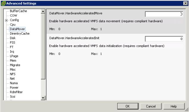 데이터재가동솔루션에 VMware vsphere 사용 그림 127 에는 VAAI Hardware Accelerated Move(XCOPY) 및 Hardware Accelerated Init(Write-Same) 에대한 Data Mover 고급설정인터페이스가나와있습니다.