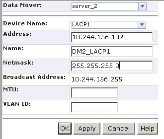 그림 32 NFS 서버에대한 Data Mover Link Aggregation 5. 다음단계를완료합니다. a. Device Name 목록상자에서 2단계에서생성한 LACP 디바이스를선택합니다. b. 첫번째 Data Mover LACP 인터페이스의 IP 주소를입력합니다. c. 그림 32에서는 IP 주소가 10.244.156.