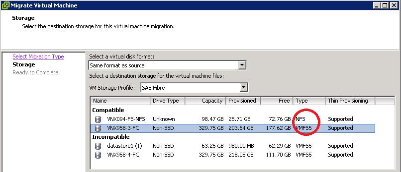 그림 46 에서는데이터저장소 2 개가 SAS Fibre 스토리지프로파일과호환됩니다. 이예에서는두데이터저장소모두 SAS 디스크를사용하지만하나는 NFS 데이터저장소이고다른하나는 VMFS 데이터저장소입니다. VASA 서비스에서는권장되는데이터저장소를강조해서표시하지만둘다호환되는옵션으로제시합니다.