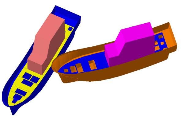 2 충돌선체간의기하학적모델링 ( 충돌각도 90 ) F i g. 3 충돌선체간의기하학적모델링 ( 충돌각도 135 ) 선체의모델링을함에있어서는 3차원곡선의형상들이많았기때문에 Surface 부분에좀더강력한툴을보이는 3차원 CAD Program 인 CATIA V5 R14를사용하게되었다.