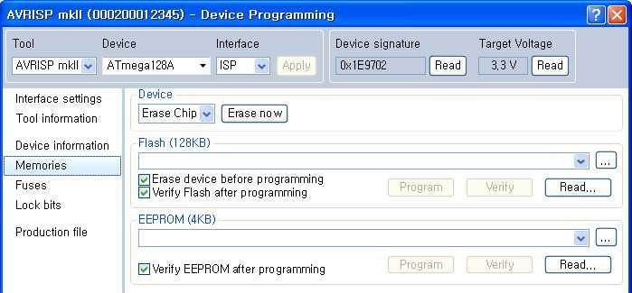 Flash 에 HEX 파일을선택한후 Program 버튼을눌러라이팅합니다. Flash 에 Verify 버튼을눌러타겟보드의 MCU 의데이터와 PC 의데이터를비교합니다.