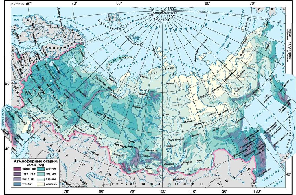 대서양기단의영향은대체적으로크지않다. 대서양기단은유럽러시아지역서쪽에일부영향을미치지만, 동쪽으로갈수록그영향은더욱약화된다. 따라서 1월의등온선분포는북서쪽에서남동방향으로뻗어있다. 한편 7월등온선분포는위도와거의평행하는양상을보인다. 대서양기단은강수에도영향을미치는데, 대서양기단이이동하는진로에위치한곳의강수량이다른지역보다많은편이다.