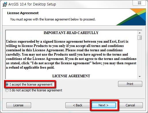 3. ArcGIS for Desktop 에대한라이선스동의서에동의를선택하고 Next 을선택하여다음단