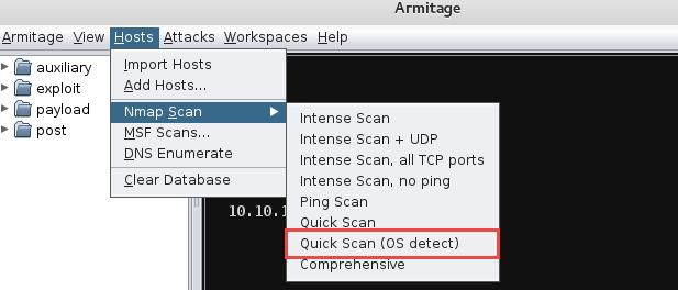 아미티지실행 그림 28 아미티지실행 대상시스템추가 그림 29 Armitage 대상시스템추가 - host - add host - ip 추가 - host - import - nmap