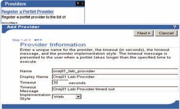 < 화면 2> 에서결과로나오는것들은 STEP 2에서설명되었던 Provider.xml 안에정의되어있는포틀릿들에대한이름들이다. 아직까지 Oracle9i Application Server Portal의 Repository에등록작업이수행되지는않았지만, 위에설명된 URL 정보를가지고등록작업을수행하고나면, 이화면에나왔던포틀릿들에대한정보들이등록될것이다.