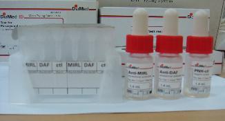 Gel microtyping system (Gel card test) 검사원리 : 보체방어단백인 CD55 (DAF) 와 CD59 (MIRL) 를확인하는검사로, gel 물질이들어있는마이크로튜브를이용하여단클론항체인 anti-daf 와 anti-mirl 을검체인적혈구와반응시켜응집반응을확인하여 PNH 를 선별하는검사이다.