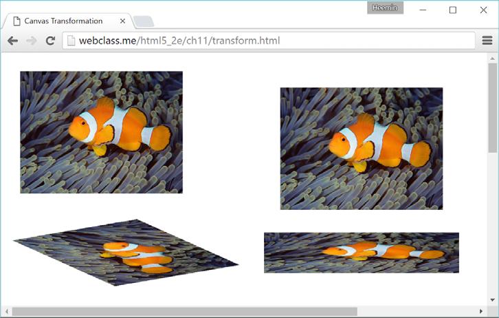 기본변환예제 var canvas = document.getelementbyid("mycanvas"); var context2d = canvas.getcontext("2d"); var imgobj = new Image(); imgobj.src = "clownfish.jpg"; imgobj.