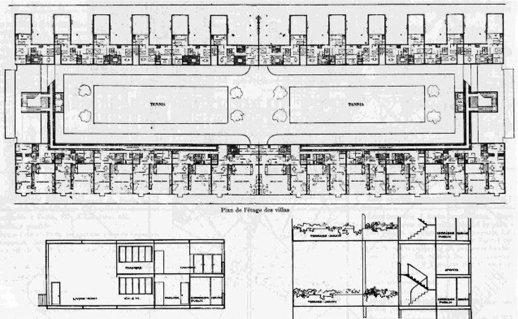 이메블-빌라(Immeuble-Villas)의 공 사 공간구성 이메블-빌라는 르 꼬르뷔제의 사상을 반영한 이상적 모 델이다. 이메블-빌라는 크게 두 단계로 발전했다. 첫 번째 는 1922년 300만 인의 현대도시 에 속하는 공동주택으로, 살롱 도톤에 전시되었고, 건축을 향하여 Vers une Architecture 를 통해 소개되었다.