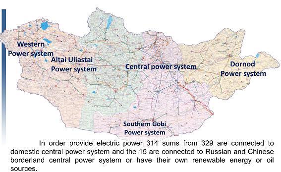 ㅇ몽골에서석유를정유하여휘발유 A-93 을개발하였으며, 앞으로경유및휘발유국내 생산이증가할것으로예상됨 전력ㅇ몽골의총발전용량은 1,000MW이며, 부족한전력은중국과러시아로부터수입하고있음 - 석탄 923MW, 신재생에너지 53MW, 수력 28MW, 전력수입 210MW ㅇ몽골은크게 5개권역 ( 중앙, 서부, 알타이, 도로노드, 남고비 ) 의전력시스템을각각운영 -