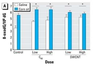 - Fisher 344 rats - 84 female - 0.7nm ㆍ응집에의해 salines 내에서는 407nm(low dose), 621, 5,117nm(high dose) 로변화ㆍCorn oil에서는 234nm(low dose), 40, 713과 3,124(high dose) 로변화 - 0.064mg, 0.