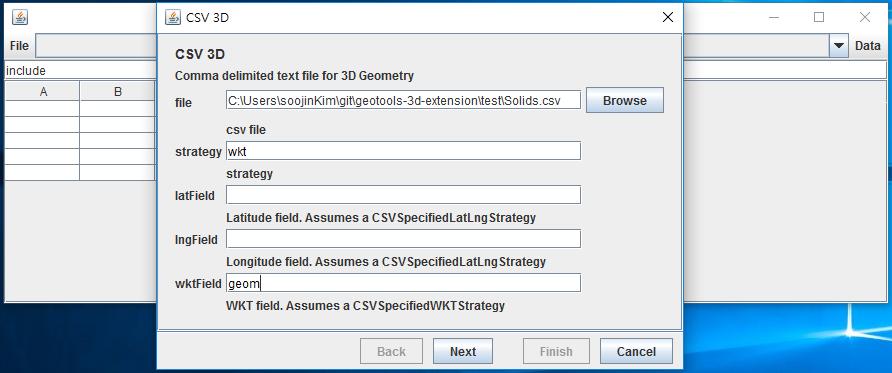 GeoTools 3D Extension Guide, 출시 0.5.0 5-1. CSV 파일 DataStore을 만들어 보자. 우선 Open csv file을 클릭하고, 예제 데이터를 열어라. 6-1. CSV DataStore를 생성하는 데 필요한 설정은 다음과 같다. strategy는 기하가 파일에 어떻게 표현되어 있는지 를 나타낸다.