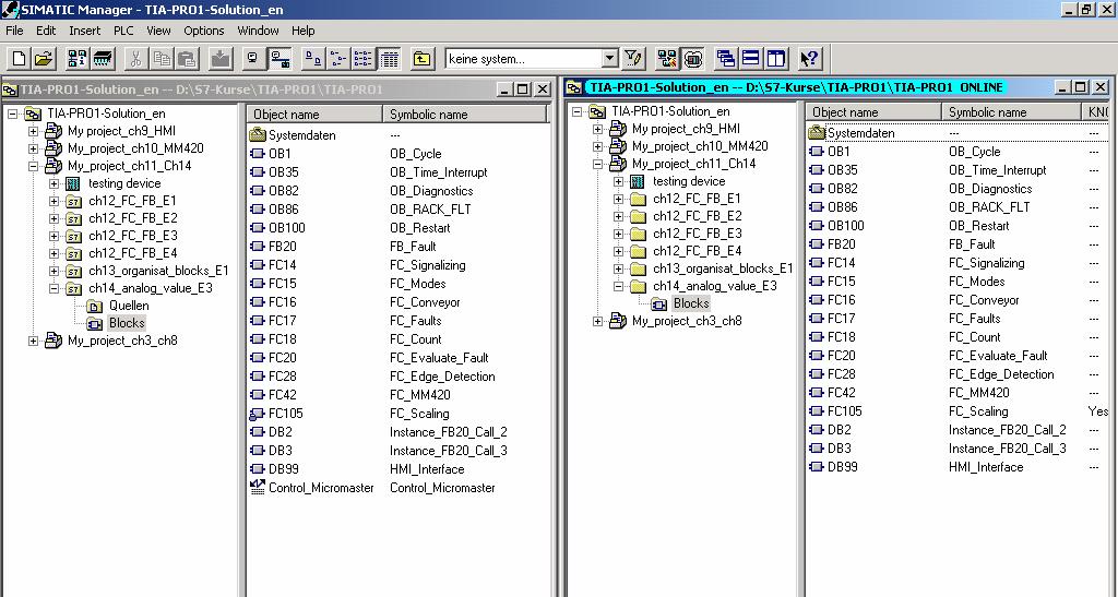 SIMATIC Manager 온라인 / 오프라인보기 File: PRO_1_03E.14 오프라인보기 온라인보기 SIMATIC Manager 의프로젝트윈도우에서프로그래밍로더의하드디스크에저장되어있는프로젝트내용을볼수있습니다. "S7 Program" 폴더에는 "Source s" 와 "Blocks" 블록이있습니다.