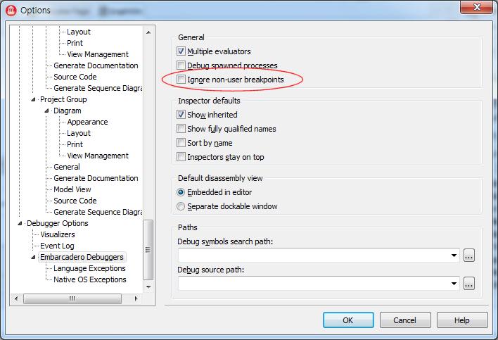 Ignore non-user breakpoints Tools Options Debugger Options Embarcadero Debuggers 에 "Ignore non-user breakpoints" 옵션이추가되었습니다.