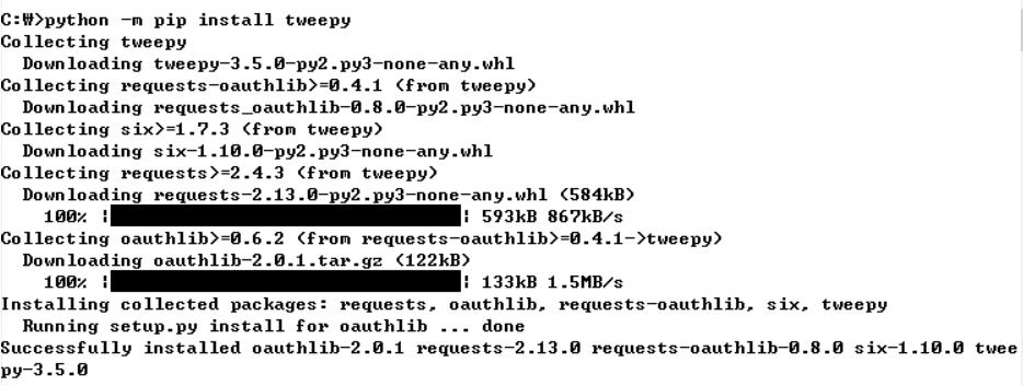 트위피 (Tweepy) 라이브러리설치 트위피라이브러리모듈은파이썬으로트위터접속을지원하는라이브러리 PyPI (Python Package Index) 를사용하여설치 PyPI 는파이썬모듈을제공하는중앙저장소 (repository) https://pypi.python.