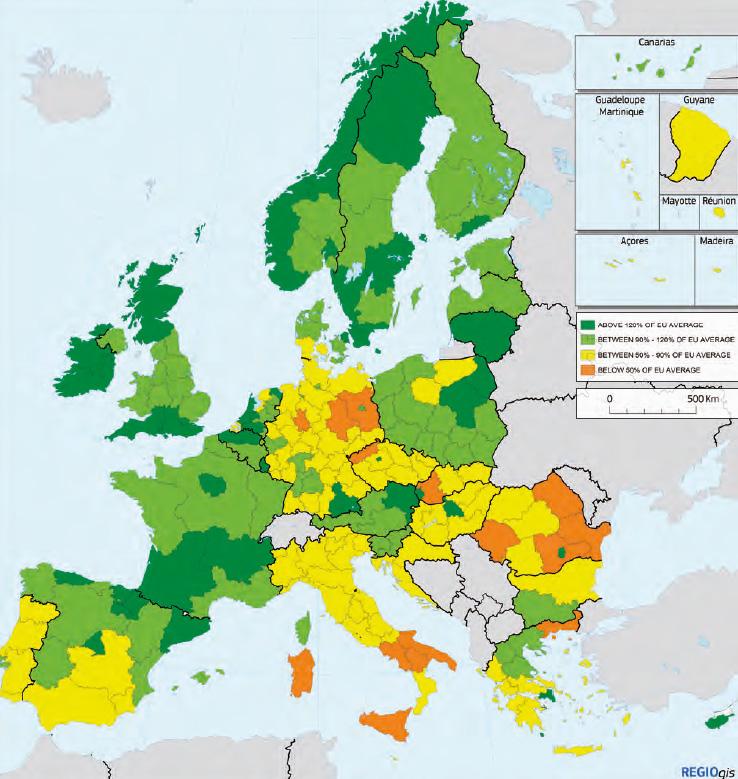 < 투입 > 3 차교육이수인구비중의경우, 각국가에고르게분포되어있지않는경향을보이며, - 예를들어, 남스페인은 EU 평균의 90% 미만이나, 타스페인지역들은 EU 평균에근접하며, 북스페인일부지역과 Comunidad de Madrid는 EU 평균을상당히초과 - 많은지역은수도의성과가가장좋았으며, 이는일반적으로