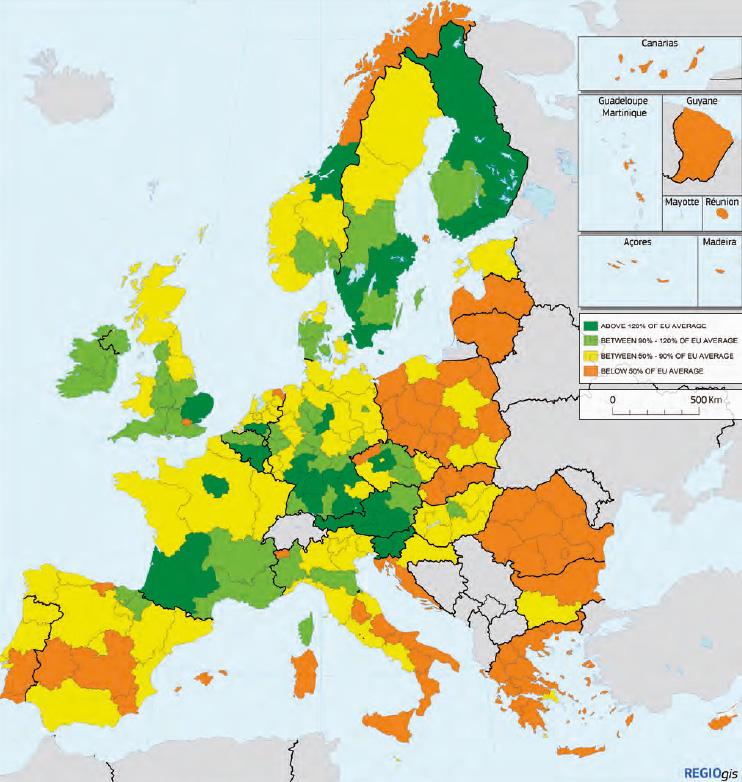 2016년 제16호 EPO 특허 출원 지표의 경우, 지역별 혁신성과 격차가 가장 큼 - 벨기에, 핀란드, 프랑스, 독일, 스웨덴에서는 소수 지역들만이 EU 평균의 90% 미만인 반면,