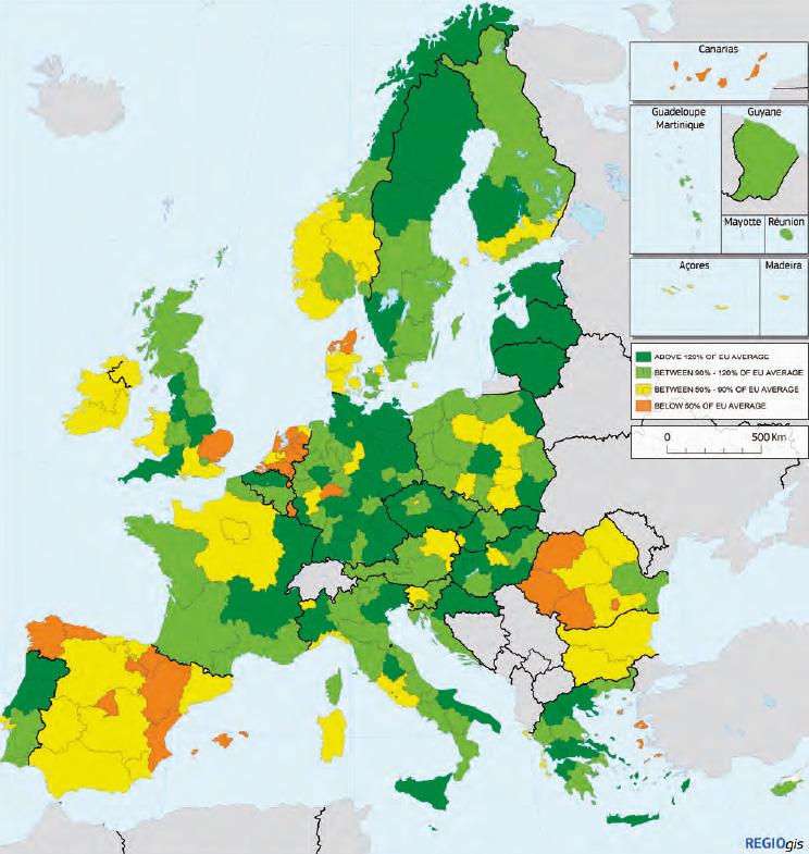 혁신 중소기업 비중 주) 녹색 음영(선도 혁신지역), 연두색 음영(추격 혁신지역), 노랑색 음영(일반 혁신지역), 주황색 음영(후발 혁신지역) 자료) European Union,