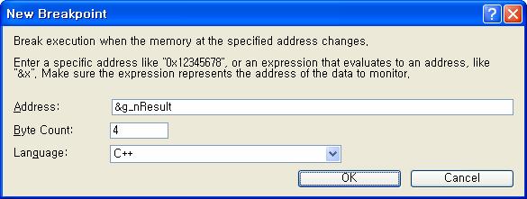 Address 항목에 &g_nresult 라고입력합니다. 말그대로어떤주소를입력하면됩니다. 이주소라는것이 32비트시스템에서는당연히 4바이트데이터입니다.