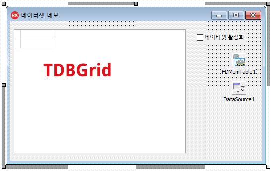 #1 (1) FDMemTable1 Name UserData DataSource1.DataSet FDMemTable1 DBGrid1.DataSource DataSource1 procedure TForm1.FormCreate(Sender: TObject); UserData.FieldDefs.Add('ID', hinteger); UserData.