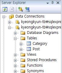 Server Explorer 에서 Category 테이블과 Post 테이블을 LINQ to SQL Designer 의왼쪽영역끌어놓으면끌어놓은각테이블들이시각적으로표시됩니다.