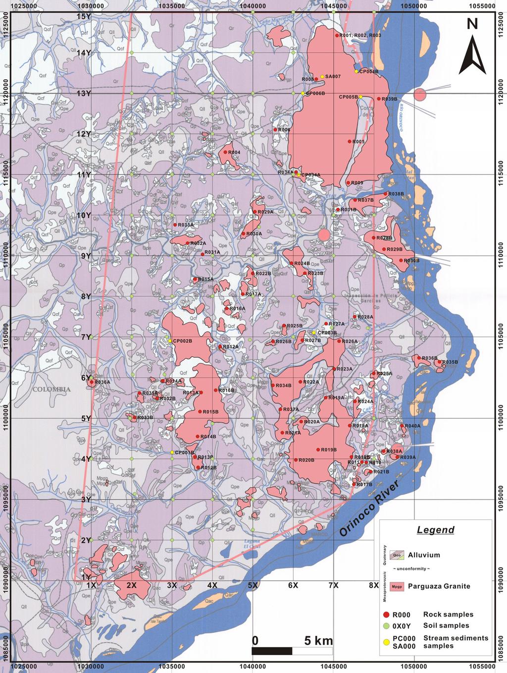콜롬비아 동부 비차다(Vichada) 지역의 지질구조 발달사 및 제3기 화성암류로 구성된다(Koh et al., 2011).