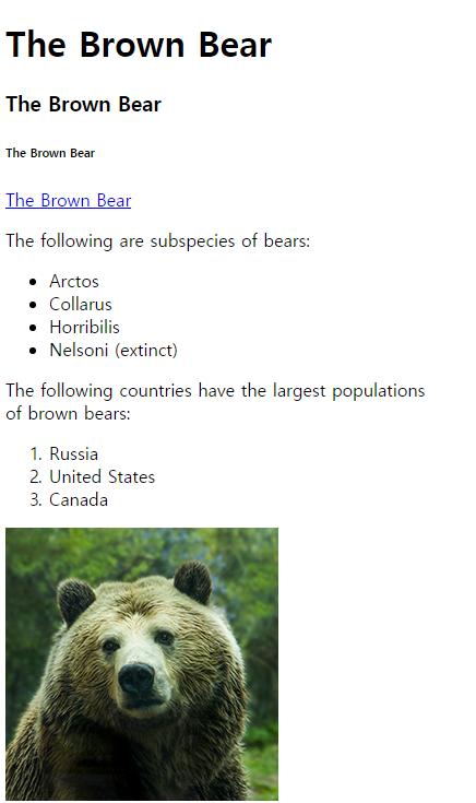 Example result <h1>the Brown Bear</h1> <h3>the Brown Bear</h3> <h6>the Brown Bear</h6> <a href="https://en.wikipedia.