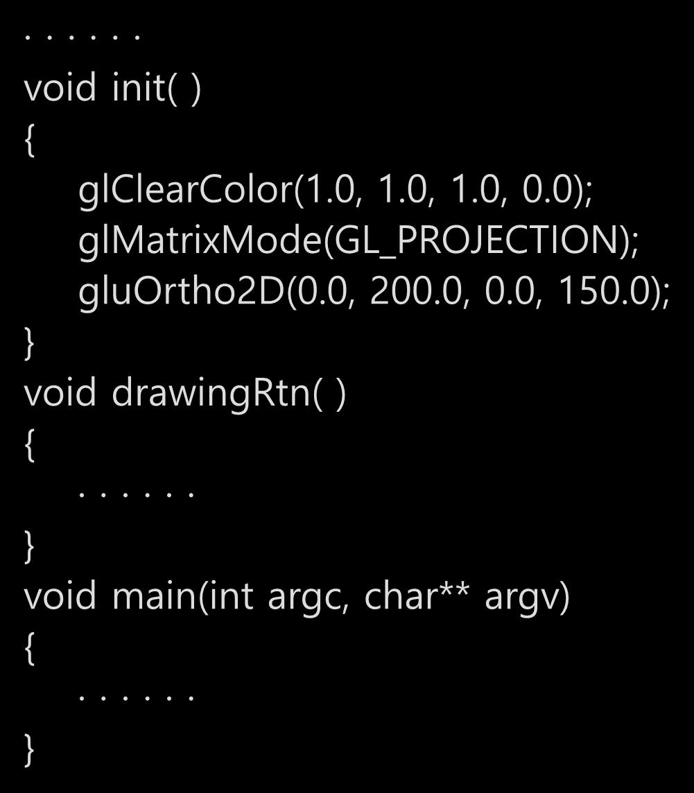 소스코드 2-1 : OpenGLSample.cpp void init( ) { glclearcolor(1.0, 1.0, 1.0, 0.