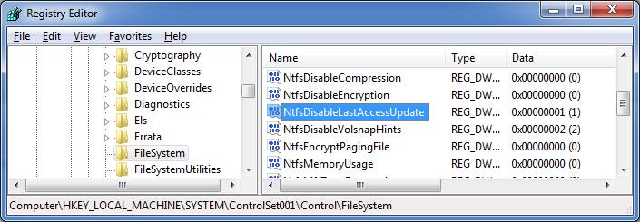 NtfsDisableLastAccessUpdate 파일접근시간업데이트여부 (Vista/7 에서만사용 ) HKLM\SYSTEM\ControlSet00X\Control\FileSystem