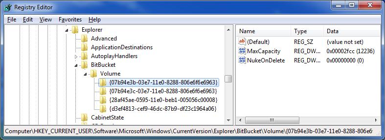 NukeOnDelete 휴지통우회 2000/XP HKLM\SOFTWARE\Microsoft\Windows\CurrentVersion\Explorer\BitBucket Vista/7