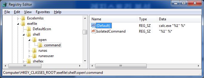 레지스트리보안 악성코드 (5/5) exefile\shell\open\command 실행파일실행시정상적인매개변수
