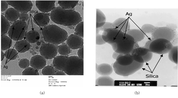 은을코팅한 Nano-Colloidal Silica 의합성 47 Figure 4. TEM images of colloidal silica coated with silver by self assembled silver process. (a) 50 nm, Ag (0.25%), NaBH 4 (4 times), (b) 120 nm, Ag (0.
